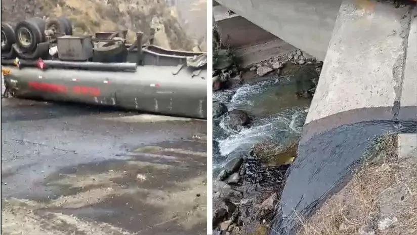 Camión cisterna se despistó y volcó en la Carretera Central: petróleo que transportaba se derramó y llegó al río Rímac