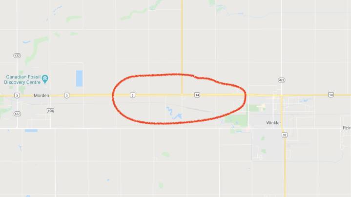Highway 3 from Morden Makes Sharp Left Turn to Avoid Winkler