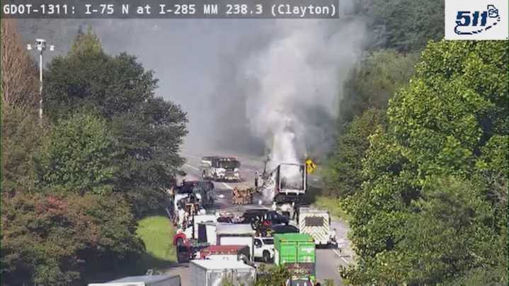 Crash and fire shut down I-75 North exit to I-285 West Friday morning in Clayton County
