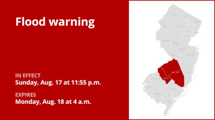 Burlington and Camden counties placed under a flood warning until early Monday morning due to persistent rainfall