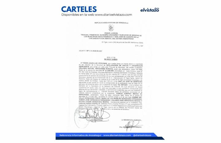 Tribunal Primero de los municipios Simón Rodríguez y Guanipa, en atención a la solicitud de Declaración de Únicos y Universales Herederos de Orlando Rafael Hernández Rondón