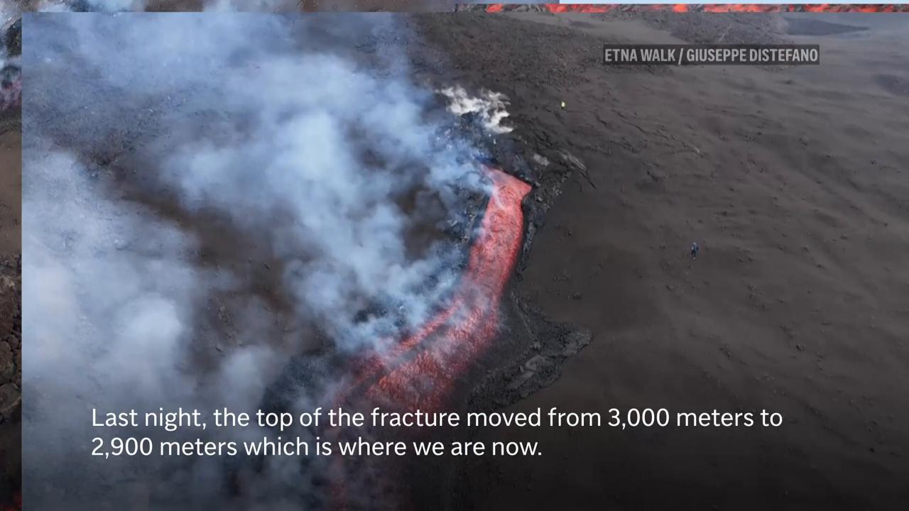 New rupture on the side of Mt. Etna creates spectacular orange lava flow down Europe's largest active volcano