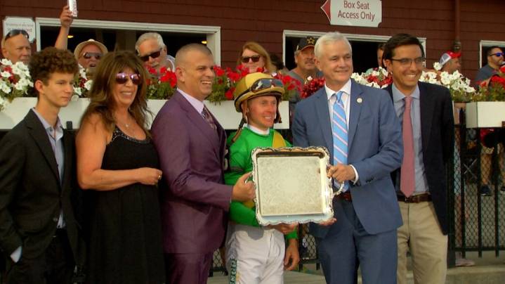 Saratoga native jockey Dylan Davis, aboard "Ozara", wins the Ballston Spa Stakes