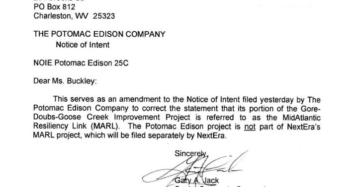 Potomac Edison enters amended filing with PSC clarifying Jefferson County (West Virginia) project is separate from MARL project