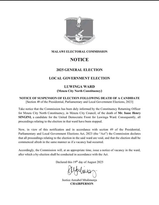 UDF Candidate’s Death Forces Election Suspension in Mzuzu’s Luwinga Ward