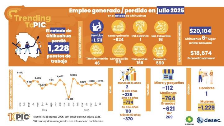 Disminuyó generación de empleos en Chihuahua un 68% en comparación con el 2024: PIC'sp