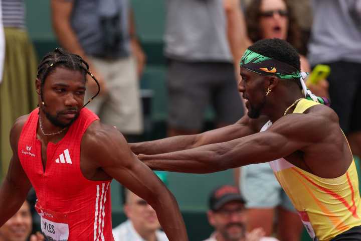 Noah Lyles pushed by rival Kenny Bednarek as pair clash after 200m US championships final