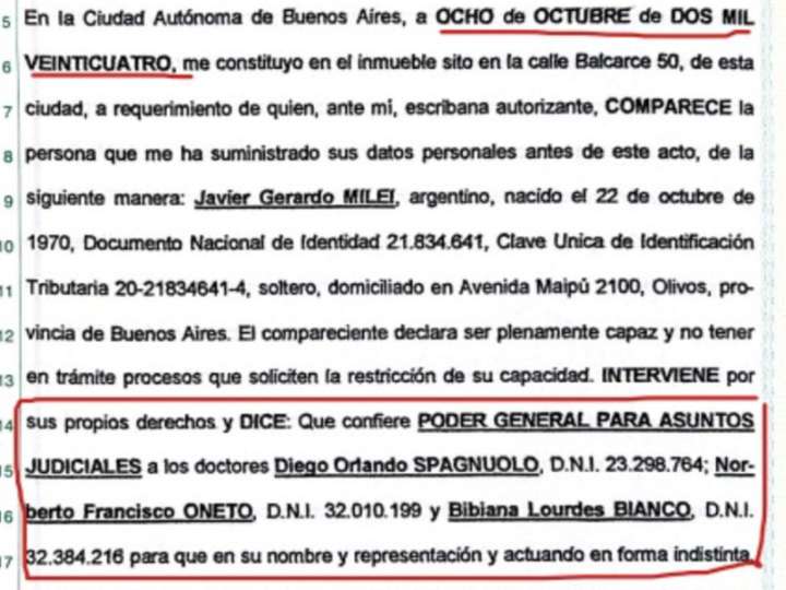Milei designó a Spagnuolo como su apoderado meses después de que el abogado le advirtiera sobre las coimas
