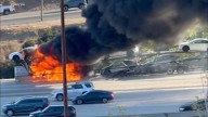 Car-carrier truck loaded with Teslas causes hazmat fire on 5 Freeway in Sylmar