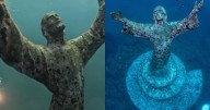 Buzos italianos limpian estatua del Cristo del Abismo ubicada en las profundidades del mar Mediterráneo