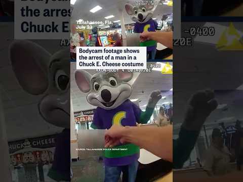 Bodycam footage shows the arrest of a man in a Chuck E. Cheese costume