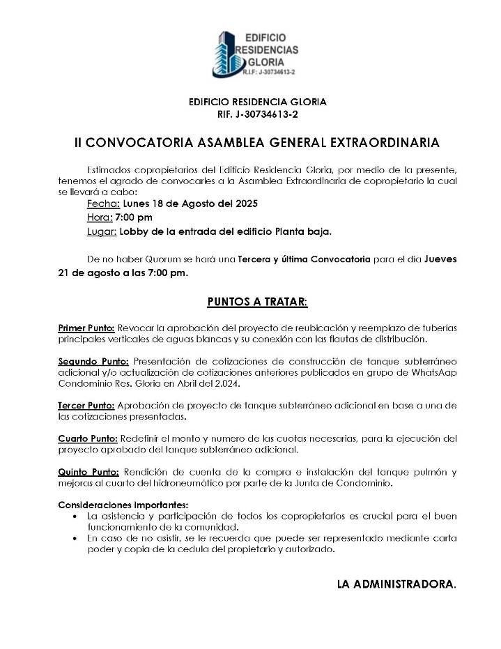 Convocatoria – Segunda Convocatoria de Asamblea General Extraordinaria de “Residencias Gloria”