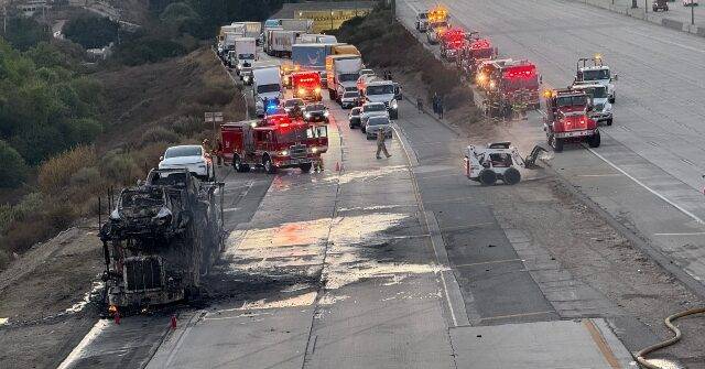 Green Inferno: Semi-Truck Carrying 8 Teslas Engulfed in Fire on Los Angeles Highway