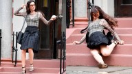 Anne Hathaway se cae durante grabación del “Diablo viste a la moda 2”