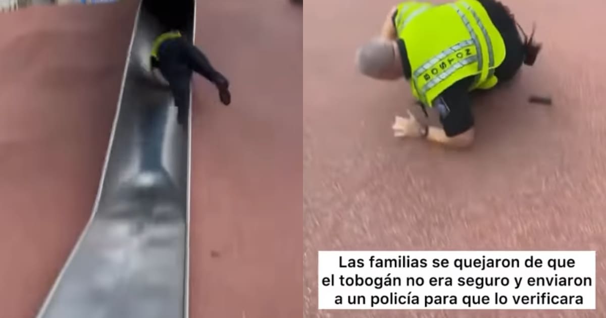 Familias denuncian tobogán inseguro; policía lo prueba y termina de boca contra el piso