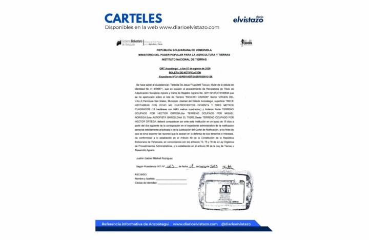 Cartel INTI ORT Anzoátegui en atención a Teresita de Jesús Frugulletti Tocuyo y el lote de terreno «Rancho Grande»