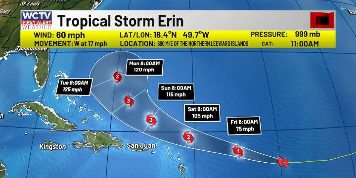 Tropical Storm Erin is likely to intensify Thursday