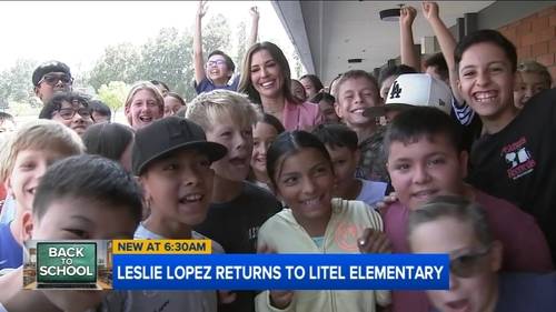 ABC7 meteorologist Leslie Lopez surprises students at Litel Elementary in Chino Hills, Calif.