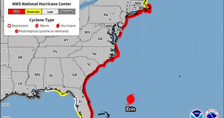 Swimmers are warned to avoid East Coast beaches as Hurricane Erin moves north
