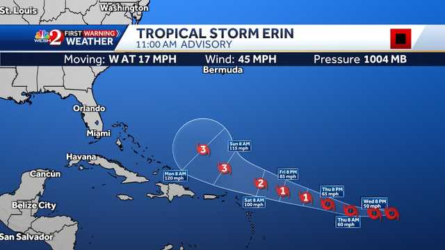 Tropical Storm Erin to gain hurricane strength in coming days