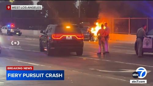Chase ends in fiery crash that leaves 5 injured in West Los Angeles