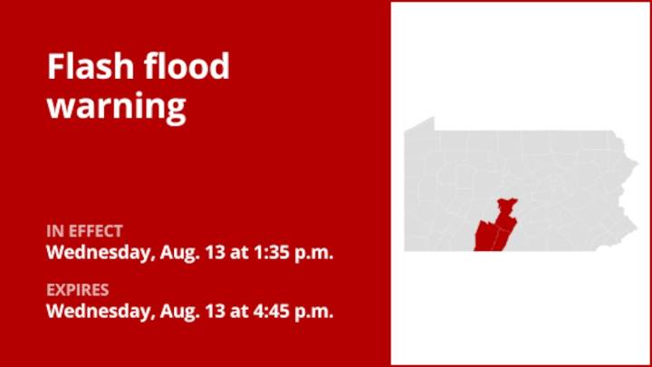Flash flood warning in place for part of Pennsylvania until early Wednesday evening caused by thunderstorms
