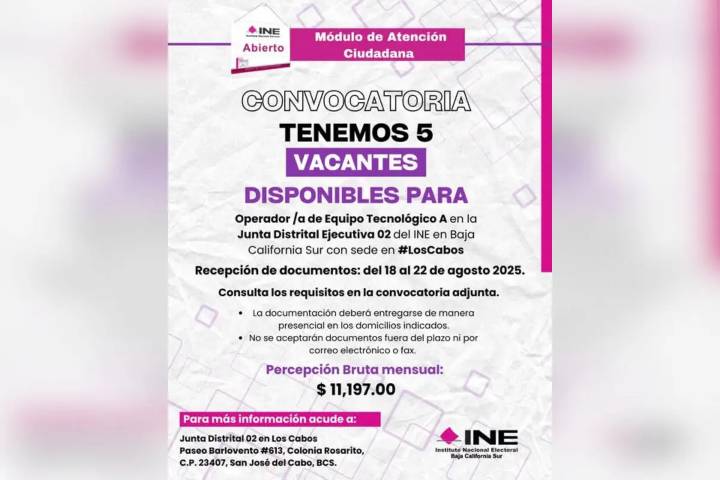 INE abre cinco vacantes laborales en Los Cabos