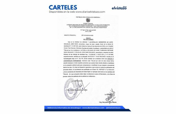 Edicto del Juzgado Segundo de los municipios Simón Rodríguez y Guanipa por la solicitud de Únicos y Universales Herederos del extinto Douglas José Sanz