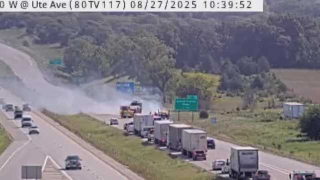 Video shows camper on fire along Interstate 80 in Iowa