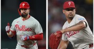 Schwarber, Harper help snap Phillies' three game skid in 6-2 win over Nationals. Duran injured in 9th.
