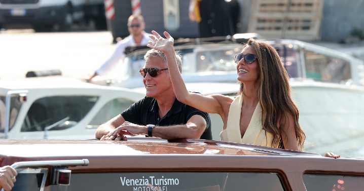 Amal Clooney Wows in Versace Dress on Venice Day Out With George Clooney