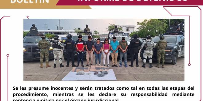 SSPC y FIRT Olmeca aseguran a seis presuntos responsables de delitos contra la salud y portación de armas en Cárdenas