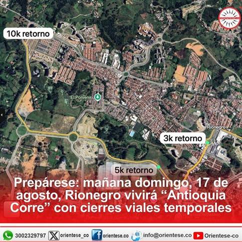 Cierres viales mañana domingo en Rionegro por la actividad “Antioquia Corre”