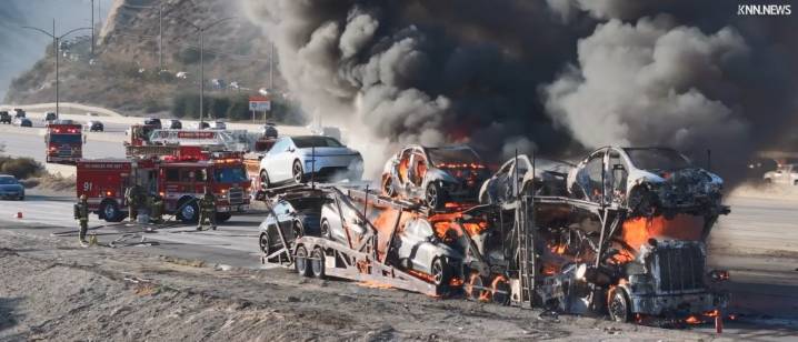 Teslas burning on car carrier prompt closure of 5 Freeway lanes in Sylmar