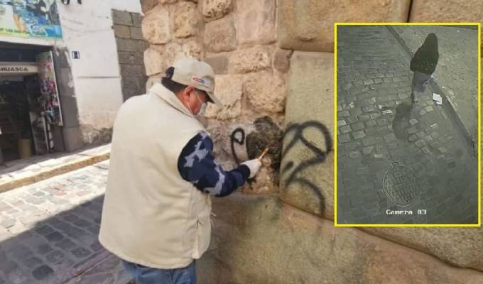 Inician investigación preliminar contra mujer que realizó pintas con grafiti en muro Inca