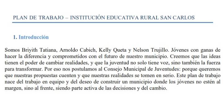 Plan de Trabajo – Institución Educativa Rural San Carlos en San Miguel