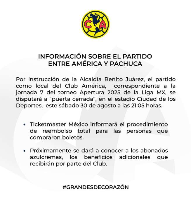 América vs Pachuca se jugará a puerta cerrada