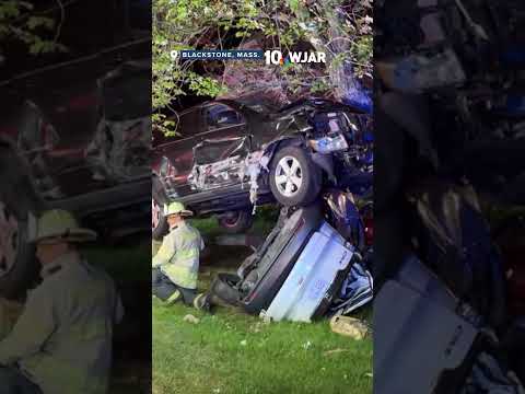One SUV lands on top of another in wild crash