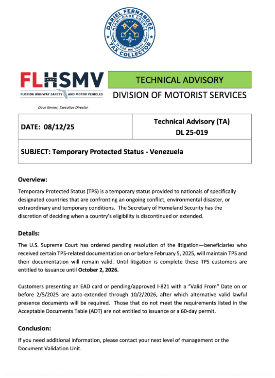 Statement from Miami-Dade County Tax Collector Dariel Fernandez on TPS Continuation and Resumption of Driver License Services for Honduran, Nicaraguan, and Venezuelan Nationals