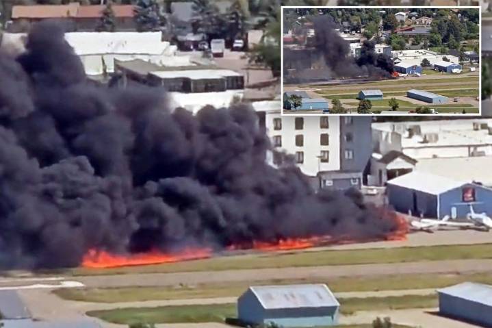 Small plane crashes and hits several parked aircraft in Montana, sparking massive fireball
