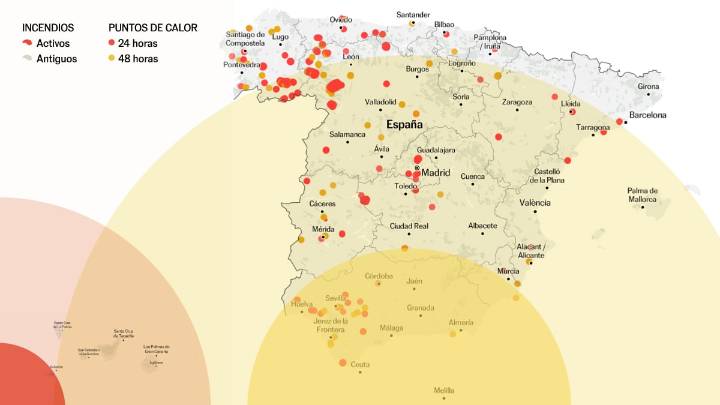 ¿Cómo avanzan los incendios del verano en España? Este es el mapa con los fuegos activos