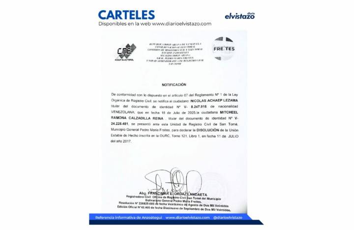 Disolución de Unión Estable de Hecho del Registro Civil de San Tomé en atención a Nicolás Achaep Lezama y Mitcheel Ramona Calzadilla Reina