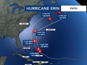 Cat. 4 Hurricane Erin, rapidly intensifying, tropical storm watch for NC coast; storm forecasted to stay offshore