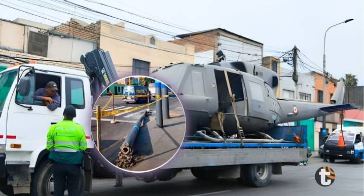 Helicóptero tumbó poste en el Callao y causó terror entre los vecinos [VIDEO] Pesada aeronave de fabricación norteamericana era trasladada en una plataforma a una base aérea en el Callao, pero chofer 