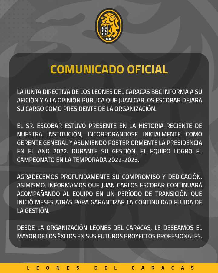 Cambios en los Leones del Caracas: Juan Carlos Escobar dejó la presidencia del equipo