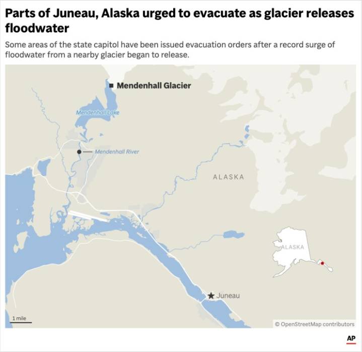 Some Juneau residents urged to evacuate as Alaska's Mendenhall Glacier releases floodwater