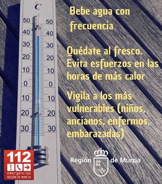 Campo de Cartagena-Mazarrón, se encuentran hoy en ALERTA NIVEL 2 por exceso de temperaturas, y el resto de la Región de Murcia en ALERTA NIVEL 1