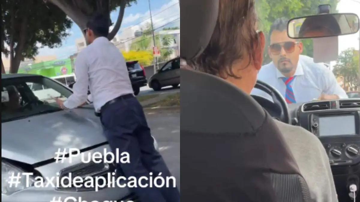 Chofer por aplicación choca a taxi en Puebla y huye con el conductor sobre el cofre
