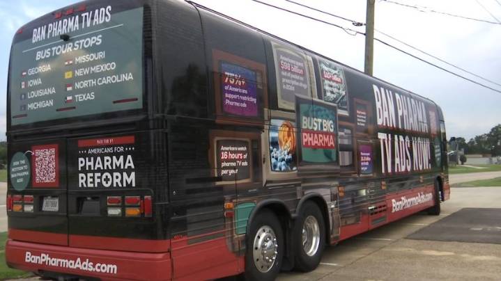 'Ban Pharma Ads' bus visits Ruffino's on Highland Road for town hall meeting