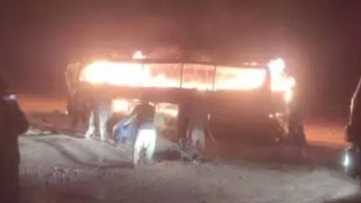 At least 17 children among 76 people dead after horror crash left a bus on fire after colliding with truck and motorbike